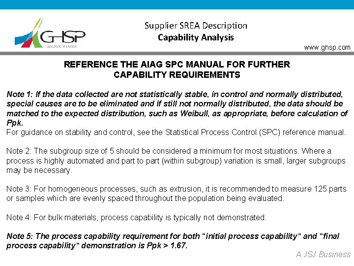 Supplier SREA Description Capability Analysis www. ghsp. com REFERENCE THE AIAG SPC MANUAL FOR