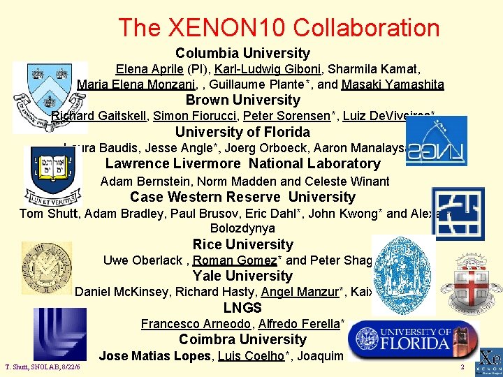 The XENON 10 Collaboration Columbia University Elena Aprile (PI), Karl-Ludwig Giboni, Sharmila Kamat, Maria