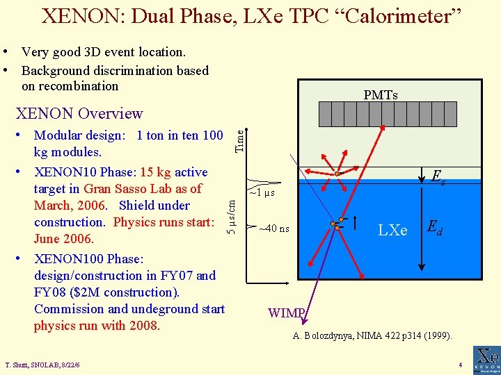 XENON: Dual Phase, LXe TPC “Calorimeter” • Very good 3 D event location. •