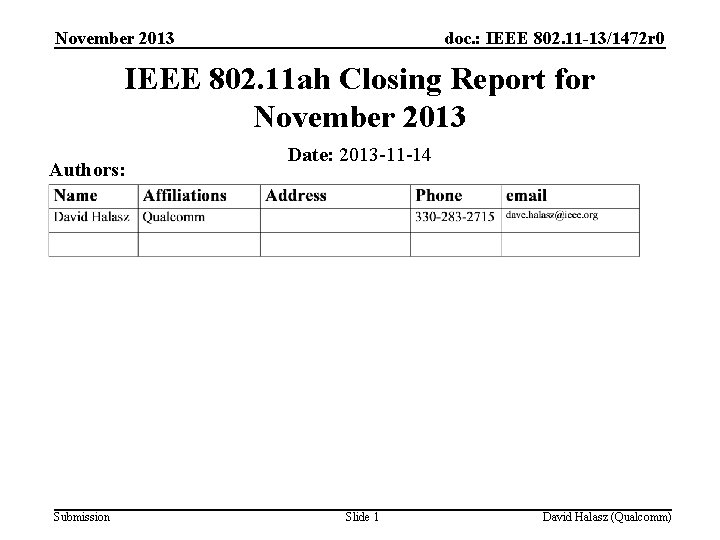 November 2013 doc. : IEEE 802. 11 -13/1472 r 0 IEEE 802. 11 ah