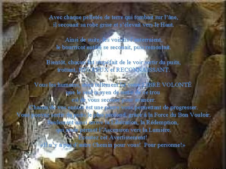 Avec chaque pelletée de terre qui tombait sur l’âne, il secouait sa robe grise