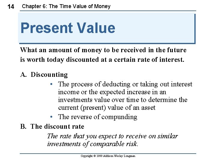14 Chapter 6: The Time Value of Money Present Value What an amount of