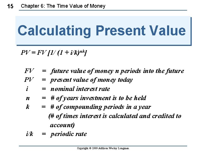 15 Chapter 6: The Time Value of Money Calculating Present Value PV = FV