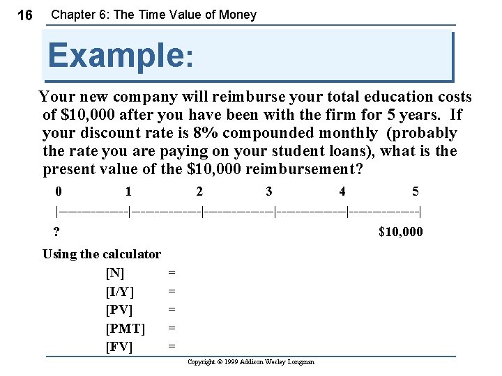 16 Chapter 6: The Time Value of Money Example: Your new company will reimburse