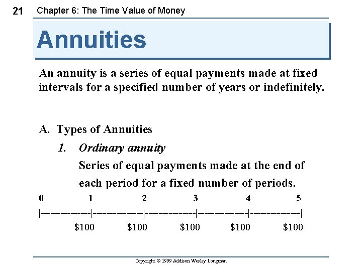 21 Chapter 6: The Time Value of Money Annuities An annuity is a series