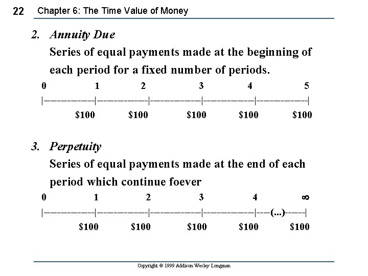 22 Chapter 6: The Time Value of Money 2. Annuity Due Series of equal