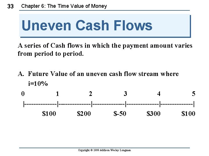 33 Chapter 6: The Time Value of Money Uneven Cash Flows A series of