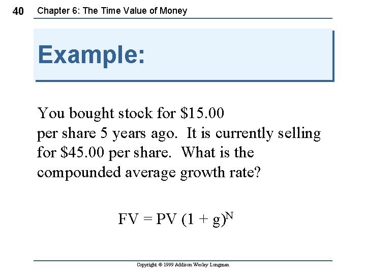40 Chapter 6: The Time Value of Money Example: You bought stock for $15.