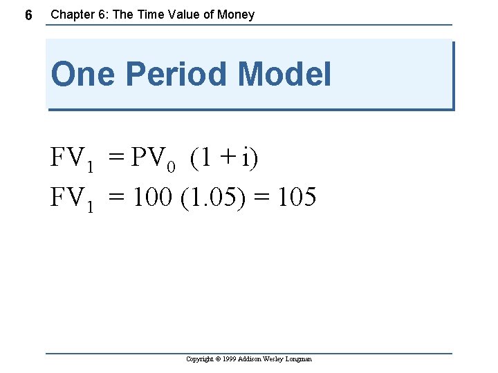 6 Chapter 6: The Time Value of Money One Period Model FV 1 =