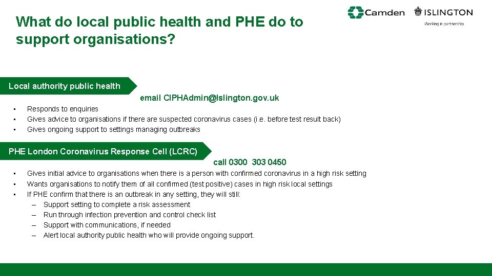 What do local public health and PHE do to support organisations? Local authority public