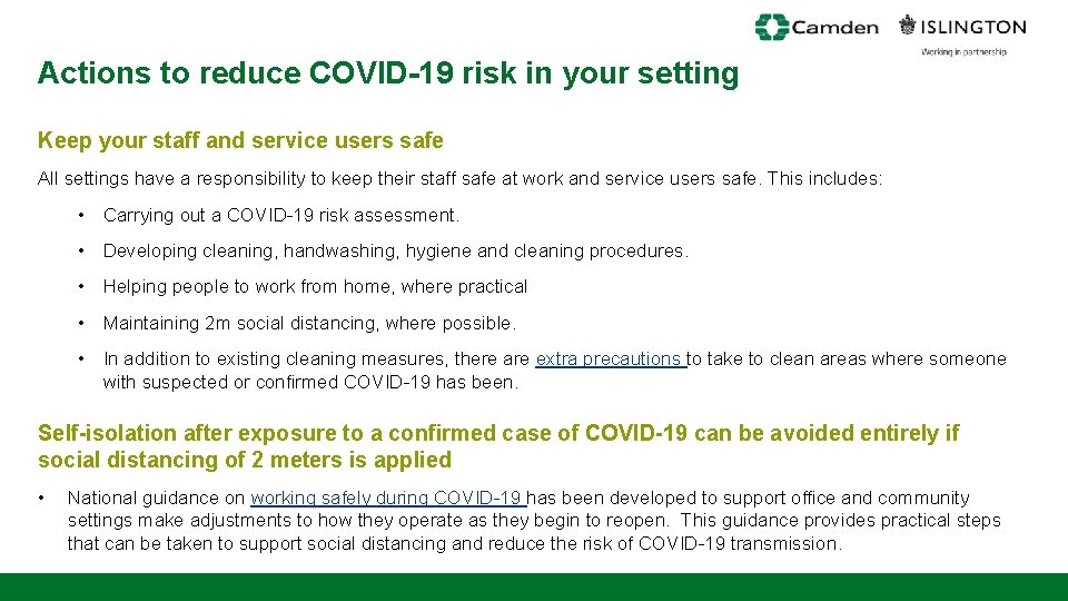 Actions to reduce COVID-19 risk in your setting Keep your staff and service users