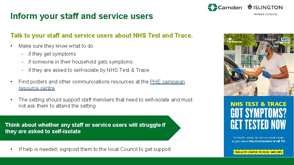 Inform your staff and service users Talk to your staff and service users about