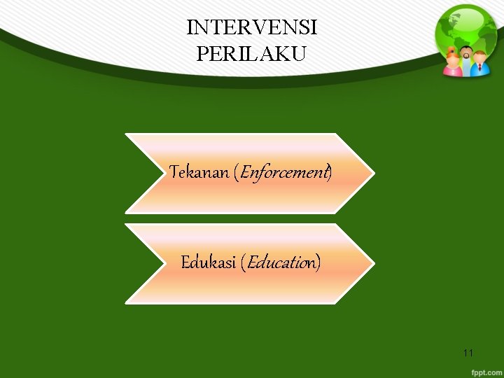 INTERVENSI PERILAKU Tekanan (Enforcement) Edukasi (Education) 11 