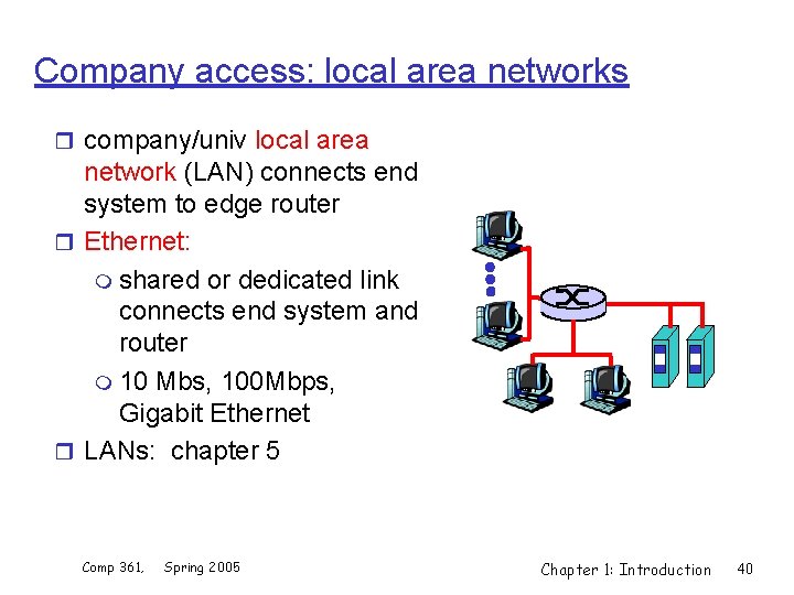 Company access: local area networks r company/univ local area network (LAN) connects end system