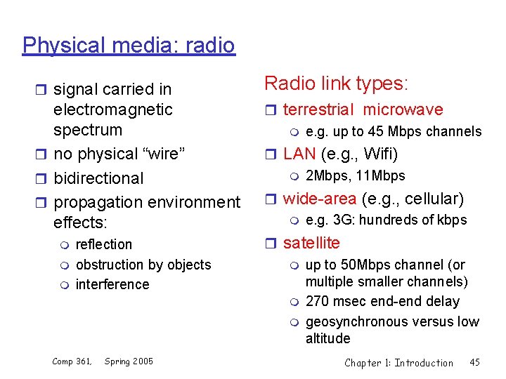 Physical media: radio r signal carried in Radio link types: electromagnetic spectrum r no