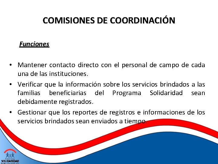 COMISIONES DE COORDINACIÓN Funciones • Mantener contacto directo con el personal de campo de