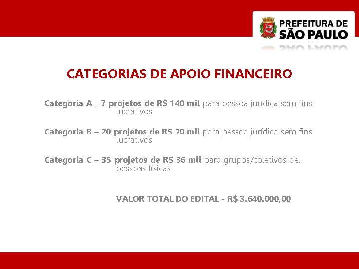 CATEGORIAS DE APOIO FINANCEIRO Categoria A - 7 projetos de R$ 140 mil para