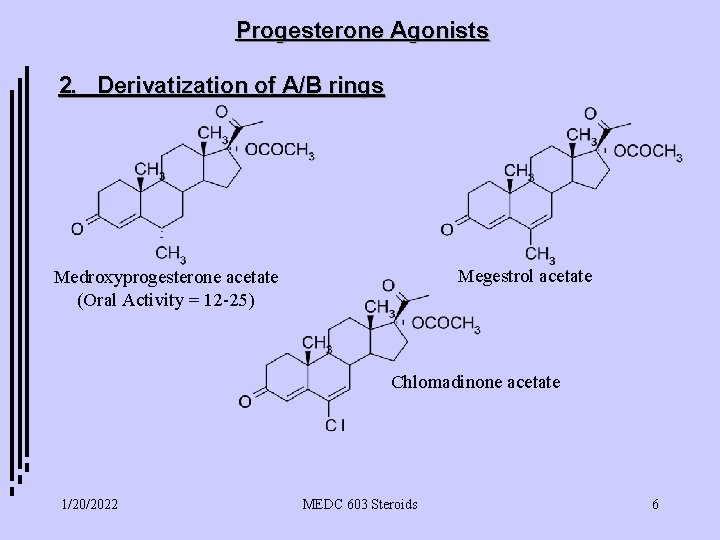 Progesterone Agonists 2. Derivatization of A/B rings Megestrol acetate Medroxyprogesterone acetate (Oral Activity =