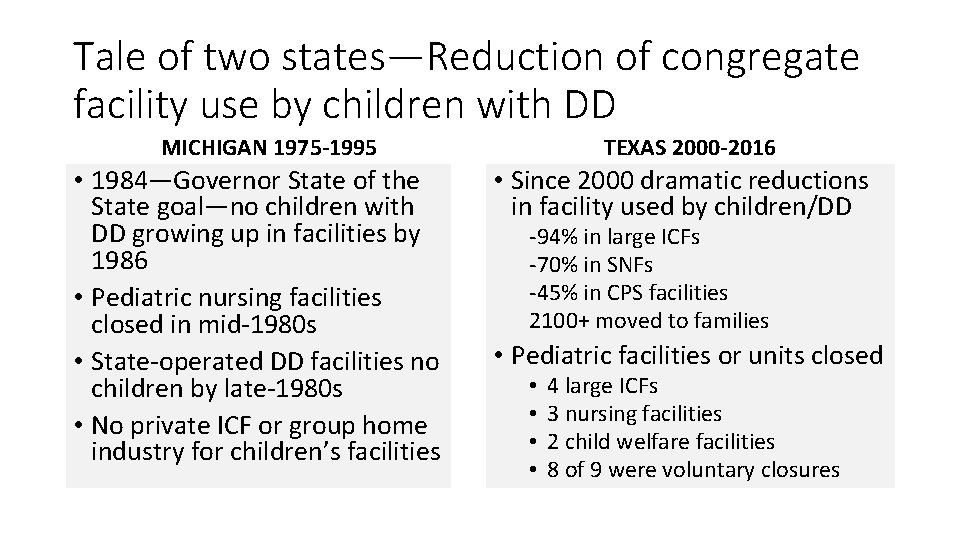 Tale of two states—Reduction of congregate facility use by children with DD MICHIGAN 1975