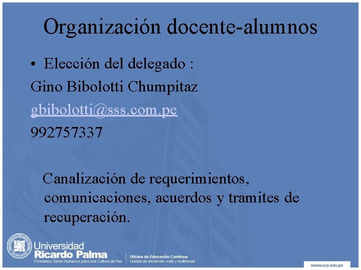 Organización docente-alumnos • Elección delegado : Gino Bibolotti Chumpitaz gbibolotti@sss. com. pe 992757337 Canalización