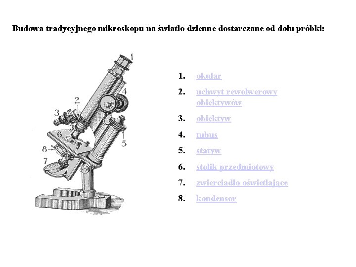 Budowa tradycyjnego mikroskopu na światło dzienne dostarczane od dołu próbki: 1. okular 2. uchwyt