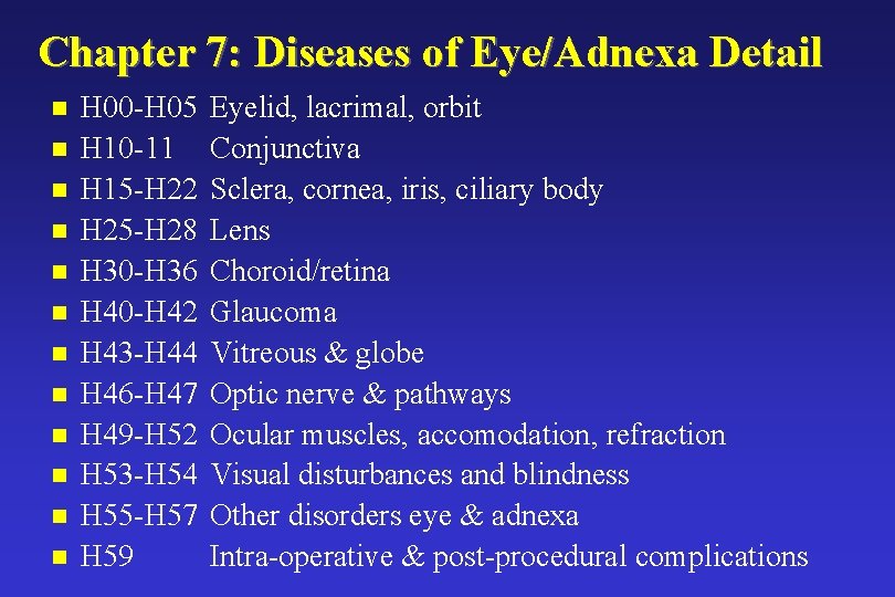 Chapter 7: Diseases of Eye/Adnexa Detail n n n H 00 -H 05 H