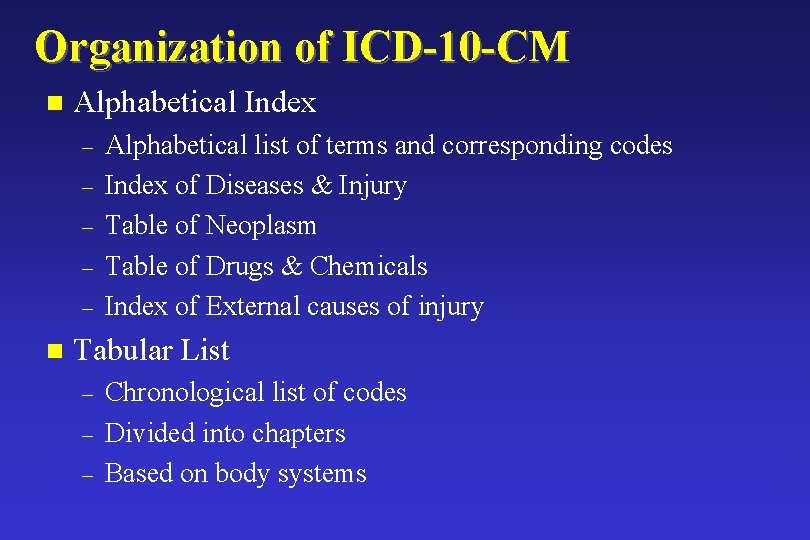 Organization of ICD-10 -CM n Alphabetical Index – – – n Alphabetical list of