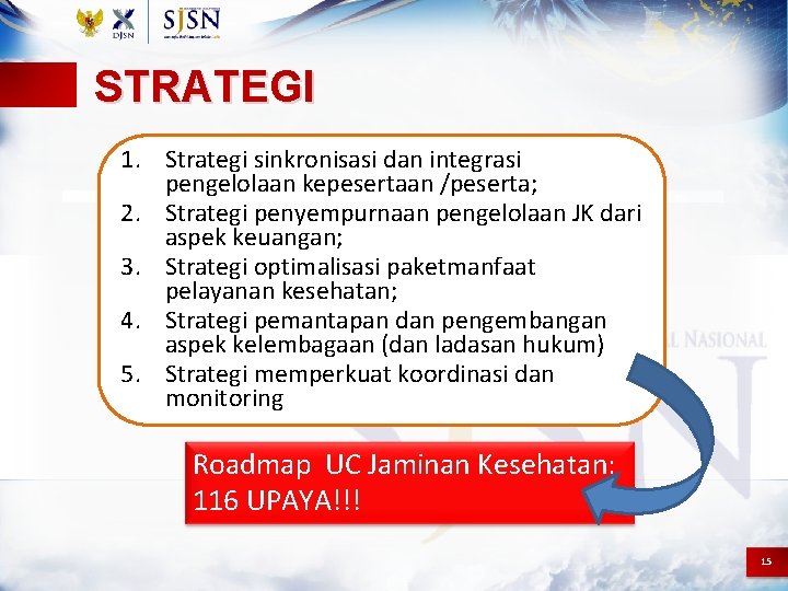 STRATEGI 1. Strategi sinkronisasi dan integrasi pengelolaan kepesertaan /peserta; 2. Strategi penyempurnaan pengelolaan JK