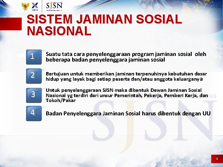 SISTEM JAMINAN SOSIAL NASIONAL 1 Suatu tata cara penyelenggaraan program jaminan sosial oleh beberapa