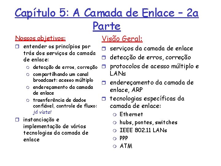 Capítulo 5: A Camada de Enlace – 2 a Parte Nossos objetivos: r entender