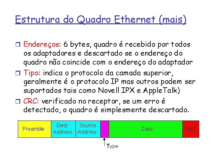 Estrutura do Quadro Ethernet (mais) r Endereços: 6 bytes, quadro é recebido por todos