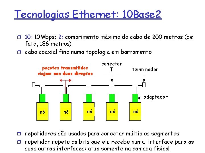 Tecnologias Ethernet: 10 Base 2 r 10: 10 Mbps; 2: comprimento máximo do cabo