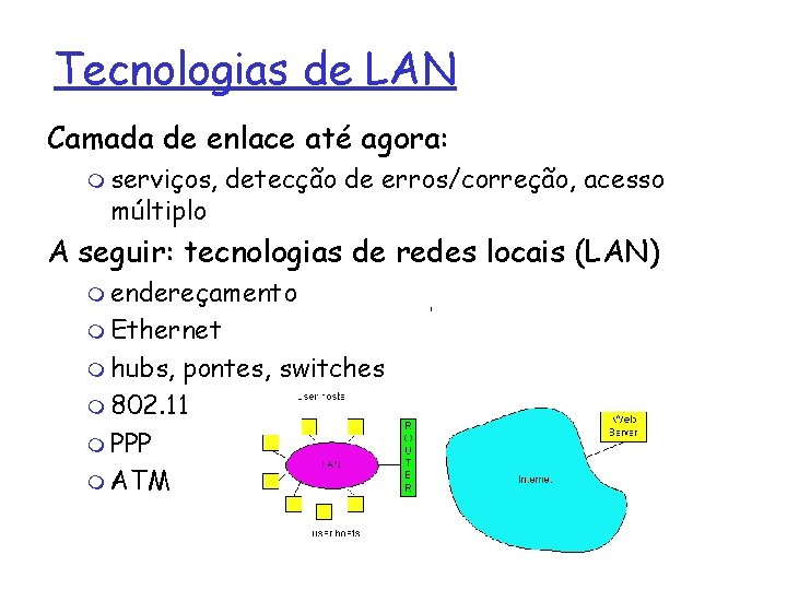 Tecnologias de LAN Camada de enlace até agora: m serviços, múltiplo detecção de erros/correção,