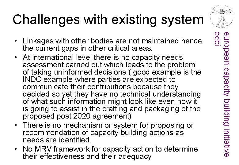Challenges with existing system european capacity building initiative ecbi • Linkages with other bodies