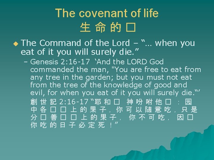 The covenant of life 生命的� u The Command of the Lord – “… when The covenant of life 生命的� u The Command of the Lord – “… when