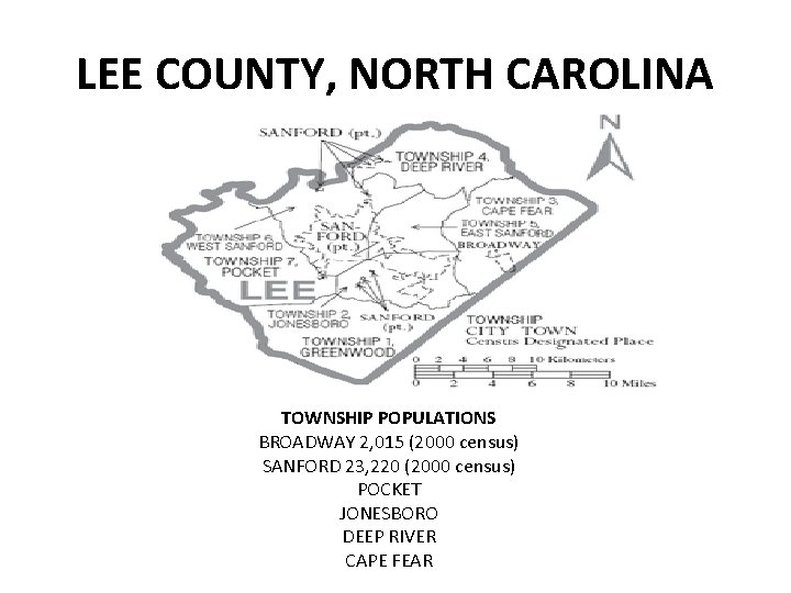 LEE COUNTY, NORTH CAROLINA TOWNSHIP POPULATIONS BROADWAY 2, 015 (2000 census) SANFORD 23, 220