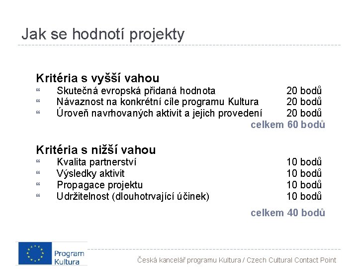 Jak se hodnotí projekty Kritéria s vyšší vahou Skutečná evropská přidaná hodnota 20 bodů