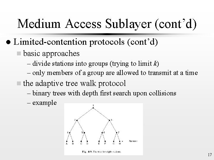 Medium Access Sublayer (cont’d) l Limited-contention protocols (cont’d) n basic approaches – divide stations