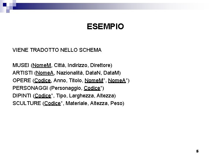 ESEMPIO VIENE TRADOTTO NELLO SCHEMA MUSEI (Nome. M, Città, Indirizzo, Direttore) ARTISTI (Nome. A,