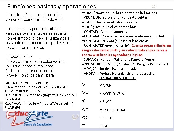 Funciones básicas y operaciones -Toda función u operación debe comenzar con el símbolo de