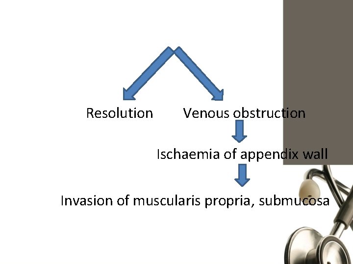Resolution Venous obstruction Ischaemia of appendix wall Invasion of muscularis propria, submucosa 