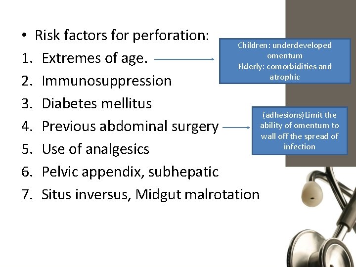  • Risk factors for perforation: Children: underdeveloped omentum 1. Extremes of age. Elderly: