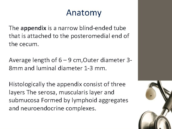 Anatomy The appendix is a narrow blind-ended tube that is attached to the posteromedial