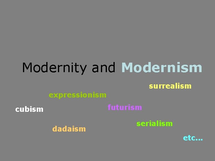 Modernity and Modernism surrealism expressionism futurism cubism dadaism serialism etc. . . 