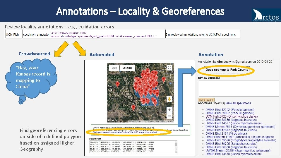 Annotations – Locality & Georeferences Review locality annotations – e. g. , validation errors