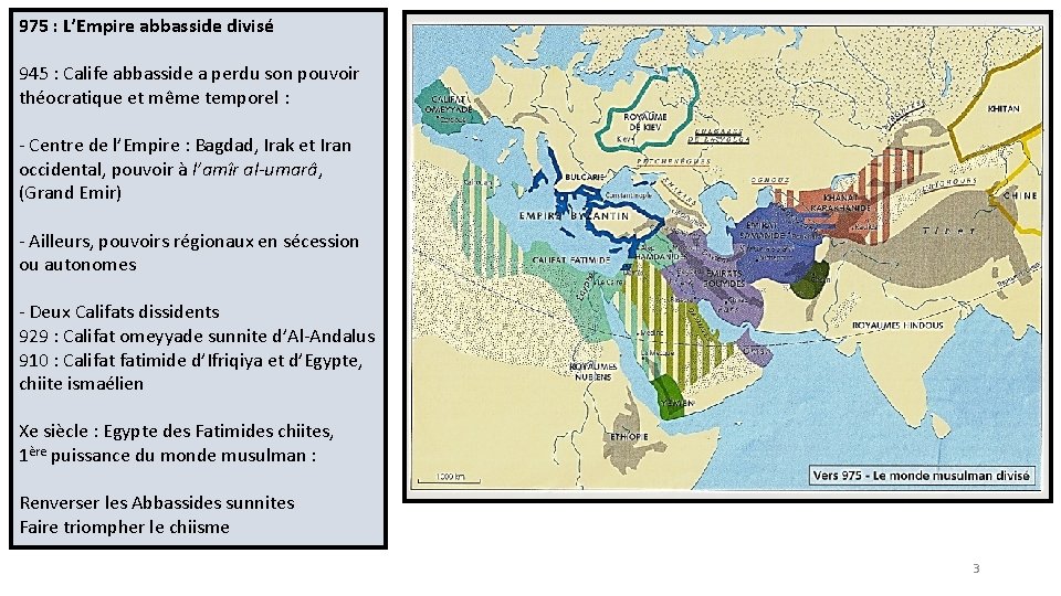 975 : L’Empire abbasside divisé 945 : Calife abbasside a perdu son pouvoir théocratique