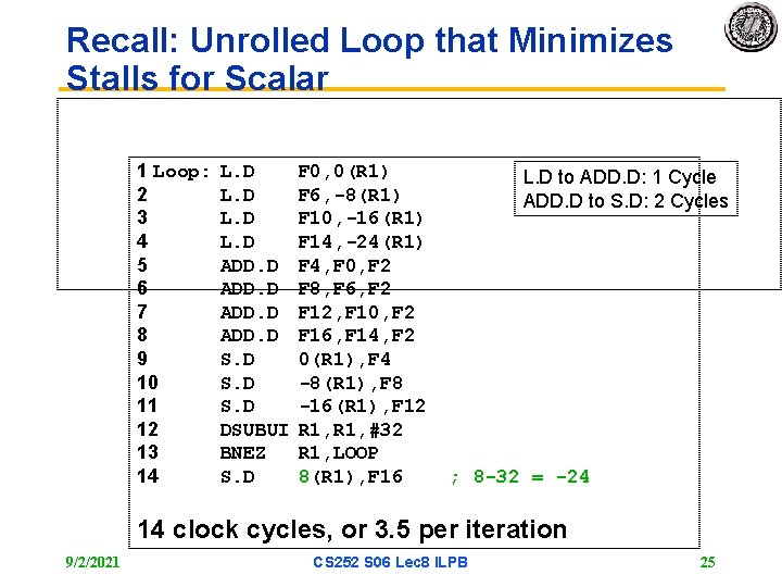 Recall: Unrolled Loop that Minimizes Stalls for Scalar 1 Loop: 2 3 4 5