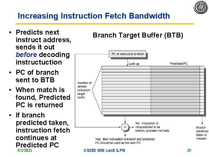 Increasing Instruction Fetch Bandwidth • Predicts next instruct address, sends it out before decoding