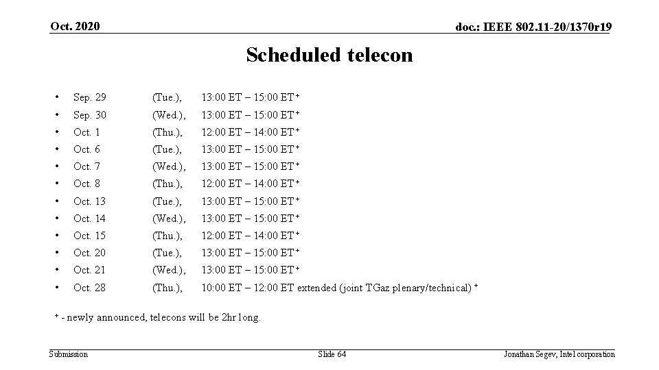 Oct. 2020 doc. : IEEE 802. 11 -20/1370 r 19 Scheduled telecon • Sep.