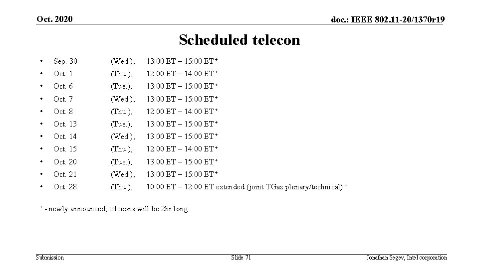 Oct. 2020 doc. : IEEE 802. 11 -20/1370 r 19 Scheduled telecon • Sep.